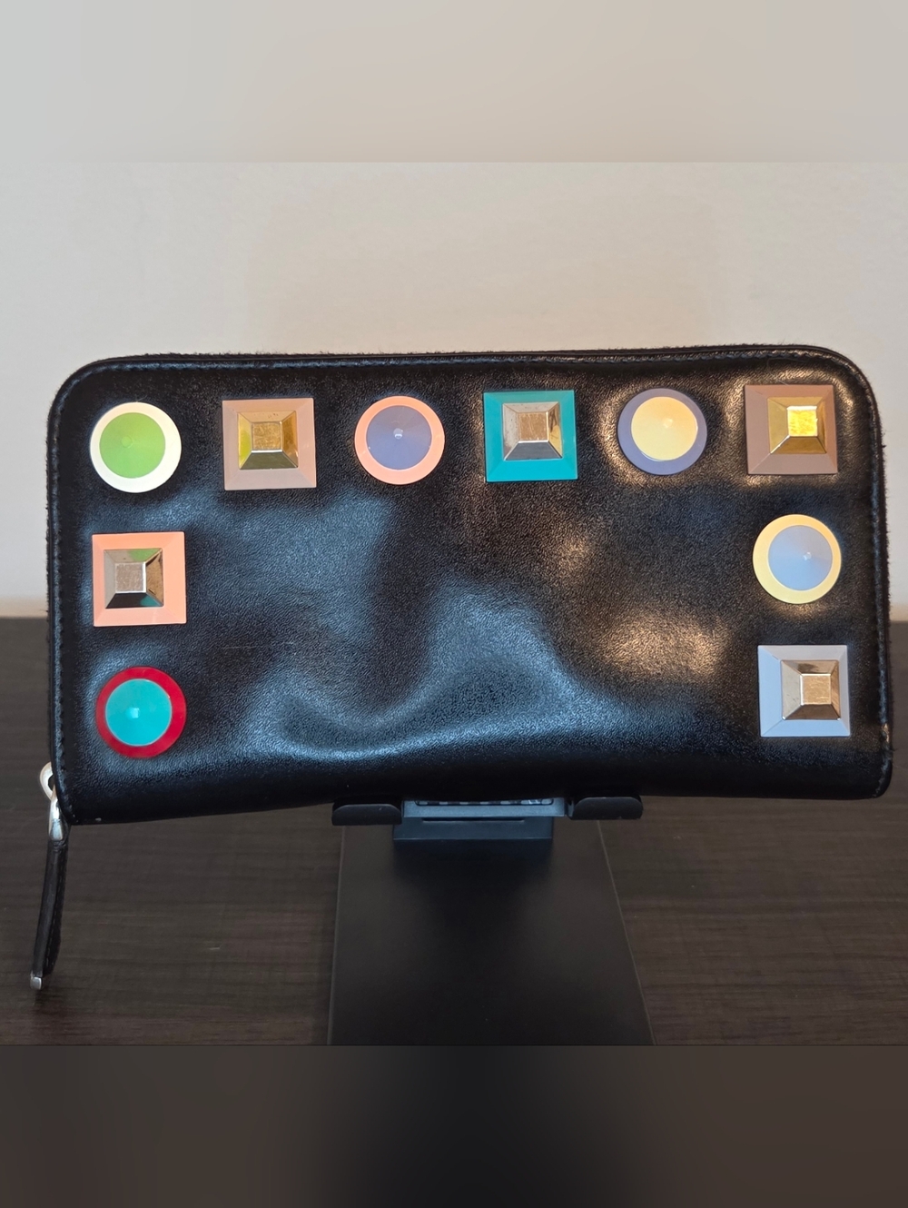 Fendi Rainbow Stud Zip Around Wallet Black Leather Long Wallet EUC